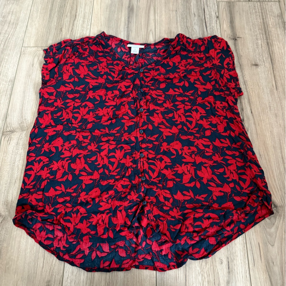 Liz Claiborne Floral Red and Navy Button Down Women's Top Size Large